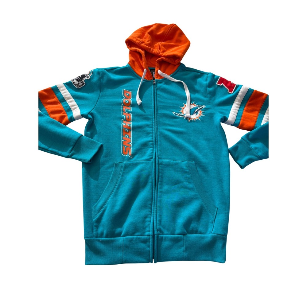 NFL Miami Dolphins Full Zip‎ Hoodie Teal Orange Mens Small Fleece Sweatshirt